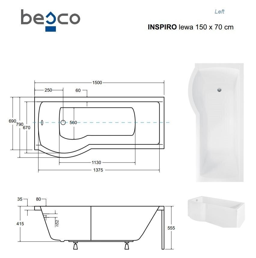 Vann Besco Inspiro koos klaasseinaga ja viimistlusega, 150x70 cm, vasakpoolne цена и информация | Vannid | hansapost.ee