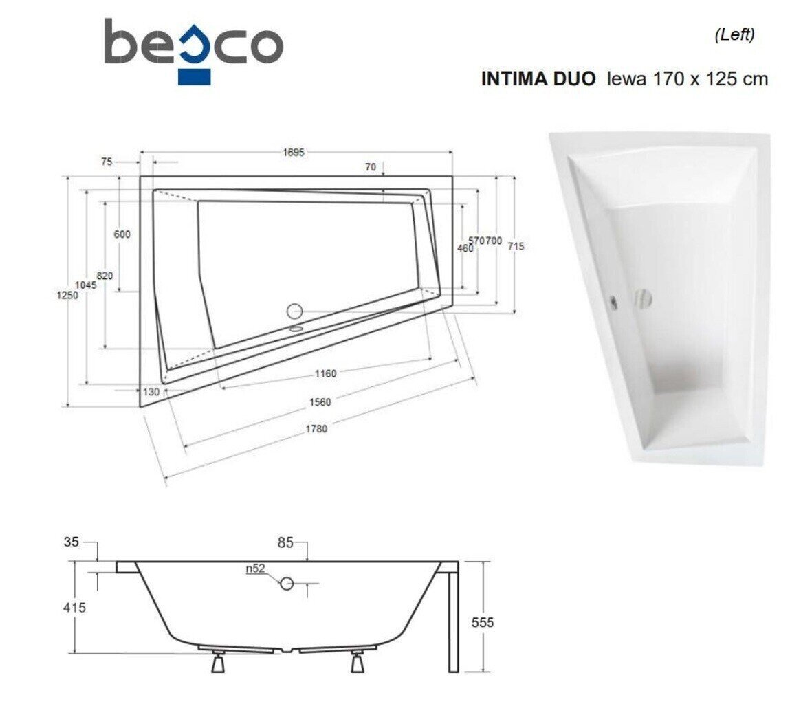 Vann Besco Intima Duo, 170x125 cm, vasakpoolne hind ja info | Vannid | hansapost.ee