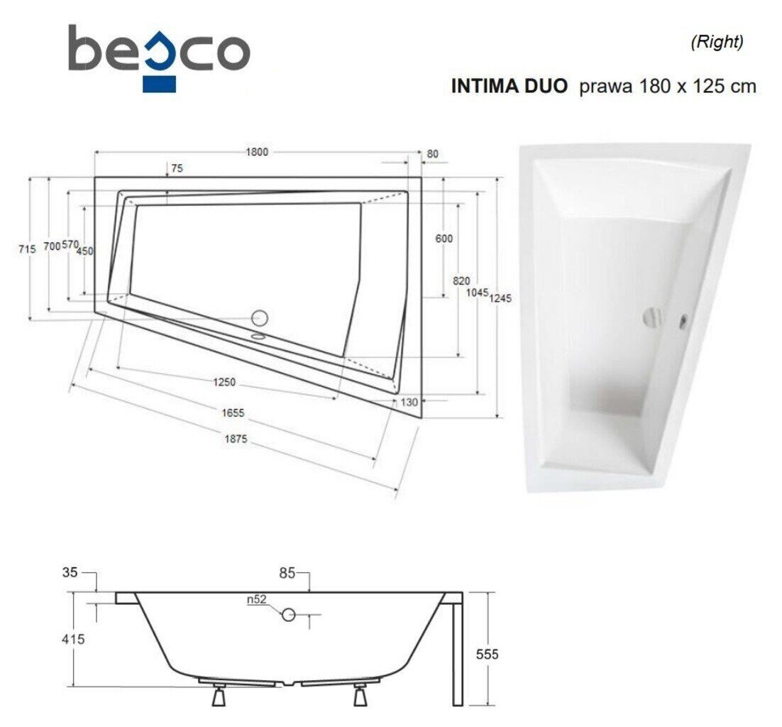 Vann Besco Intima Duo, 180x125 cm, parempoolne hind ja info | Vannid | hansapost.ee