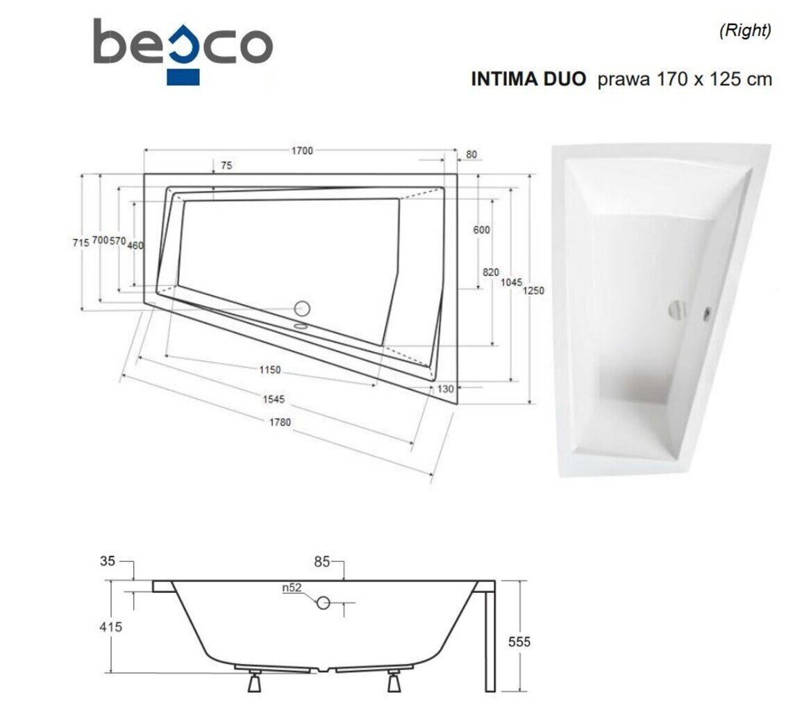 Vann Besco Intima Duo koos viimistlusega, 170x125 cm, parempoolne hind ja info | Vannid | hansapost.ee