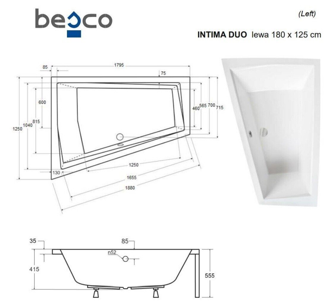 Vann Besco Intima Duo koos viimistlusega, 180x125 cm, vasakpoolne hind ja info | Vannid | hansapost.ee