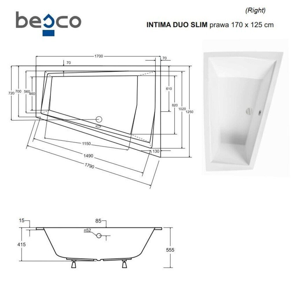 Vann Besco Intima Duo Slim, 170x125 cm, parempoolne цена и информация | Vannid | hansapost.ee