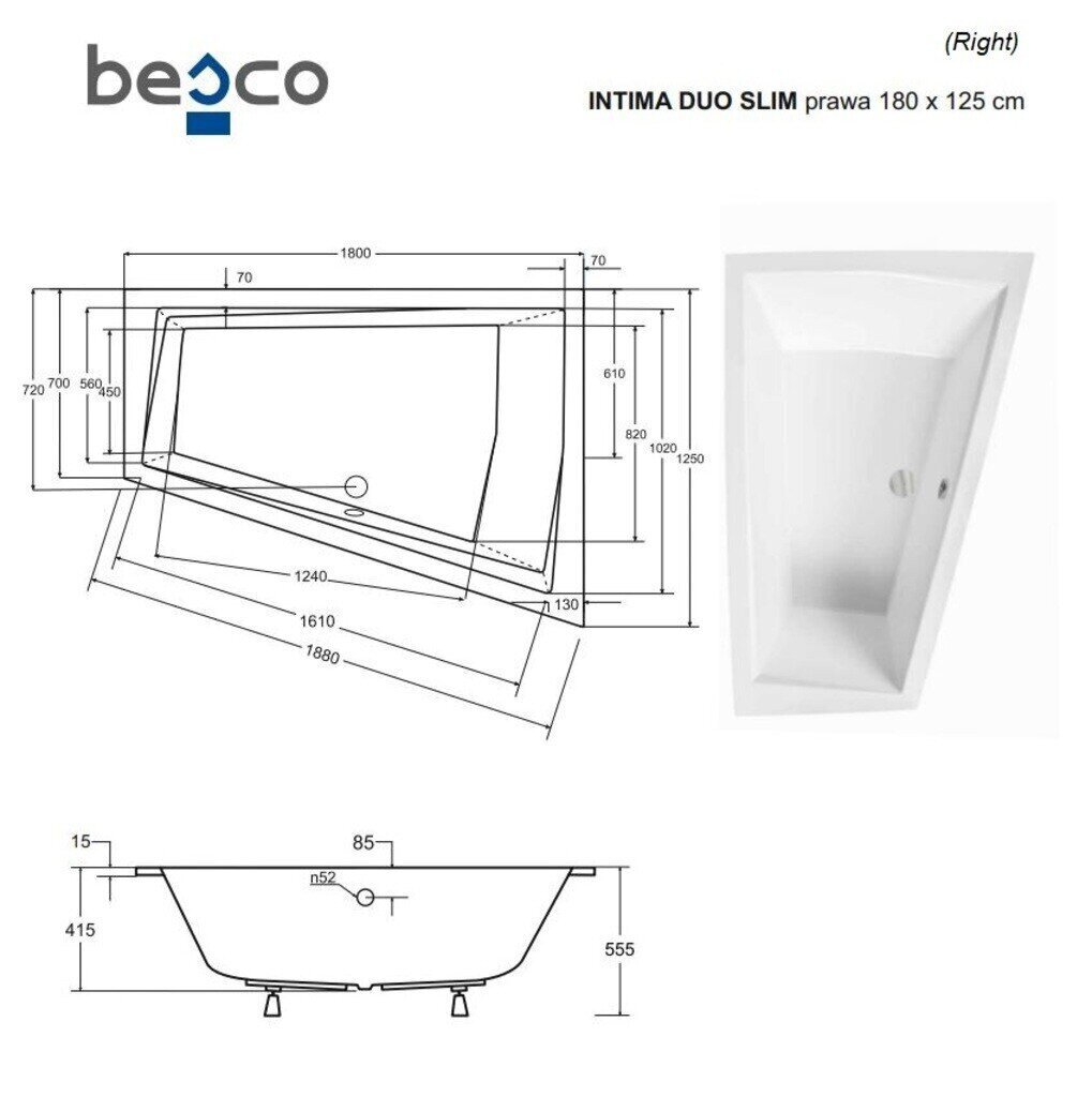 Vann Besco Intima Duo Slim, 180x125 cm, parempoolne hind ja info | Vannid | hansapost.ee