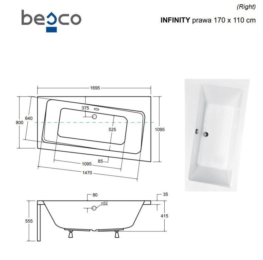 Vann Besco Infinity, 170x110 cm, parempoolne hind ja info | Vannid | hansapost.ee