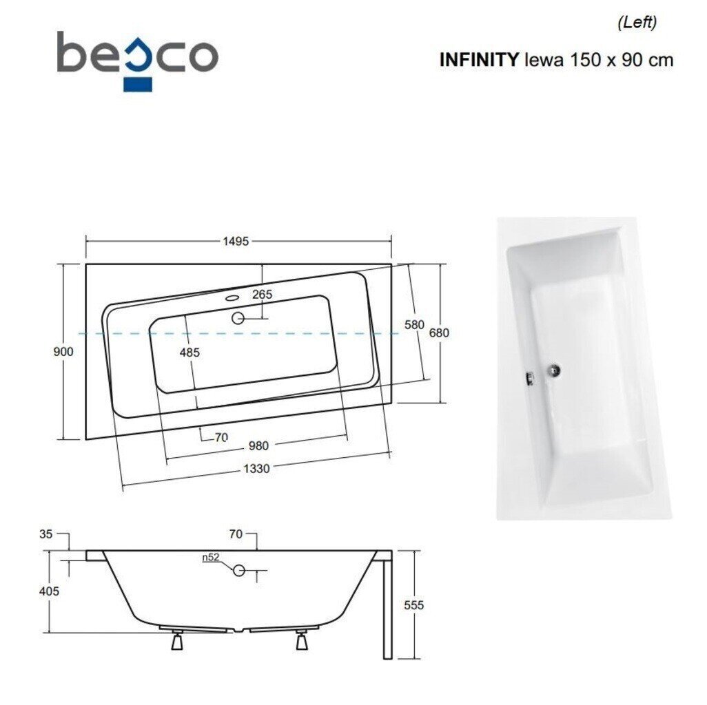 Vann Besco Infinity koos viimistlusega, 150x90 cm, vasakpoolne цена и информация | Vannid | hansapost.ee