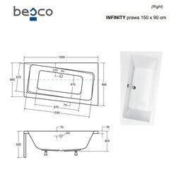 Vann Besco Infinity koos viimistlusega, 150x90 cm, parempoolne hind ja info | Vannid | hansapost.ee