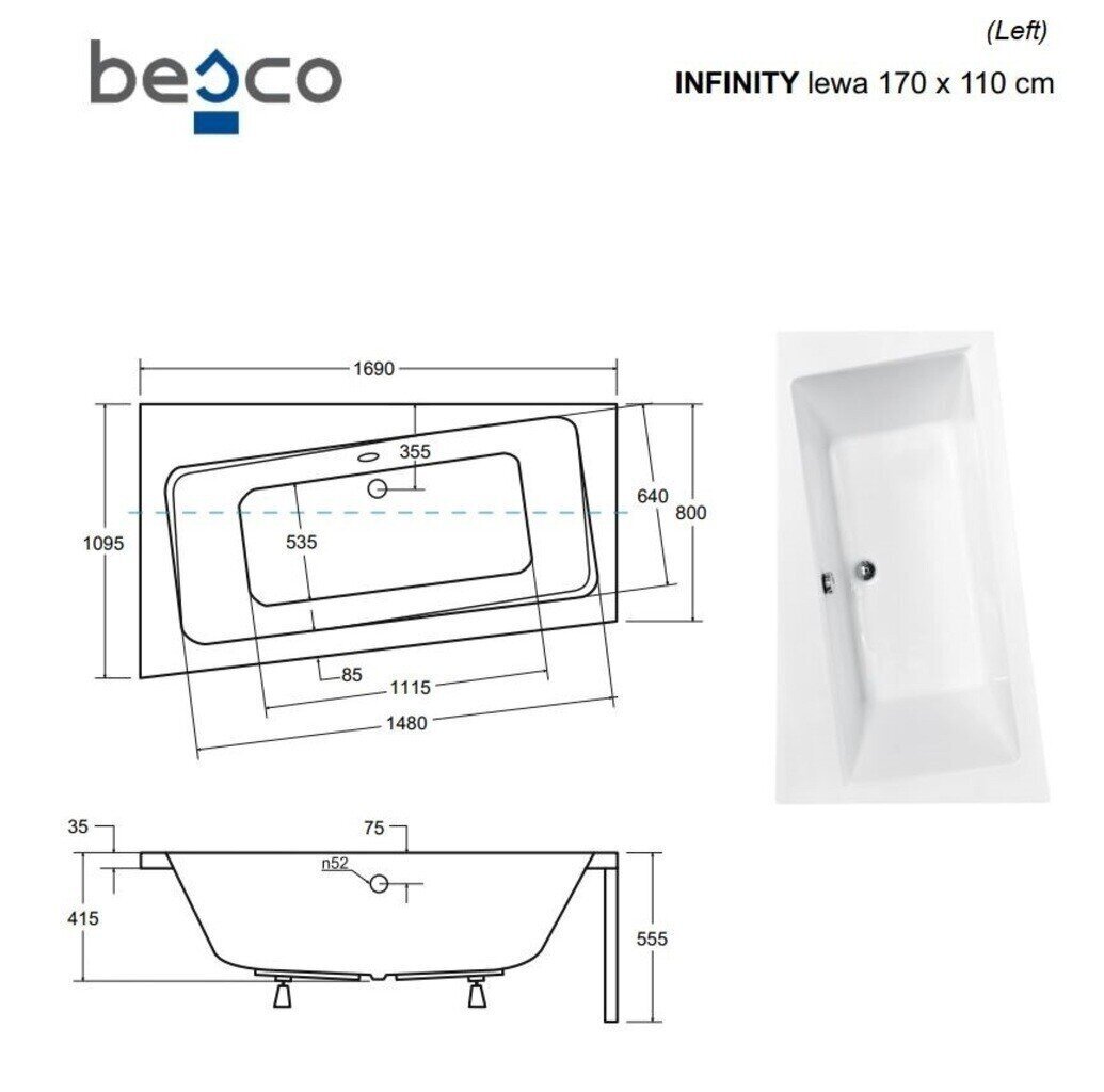 Vann Besco Infinity su apdaila, 170x110 cm, vasakpoolne цена и информация | Vannid | hansapost.ee