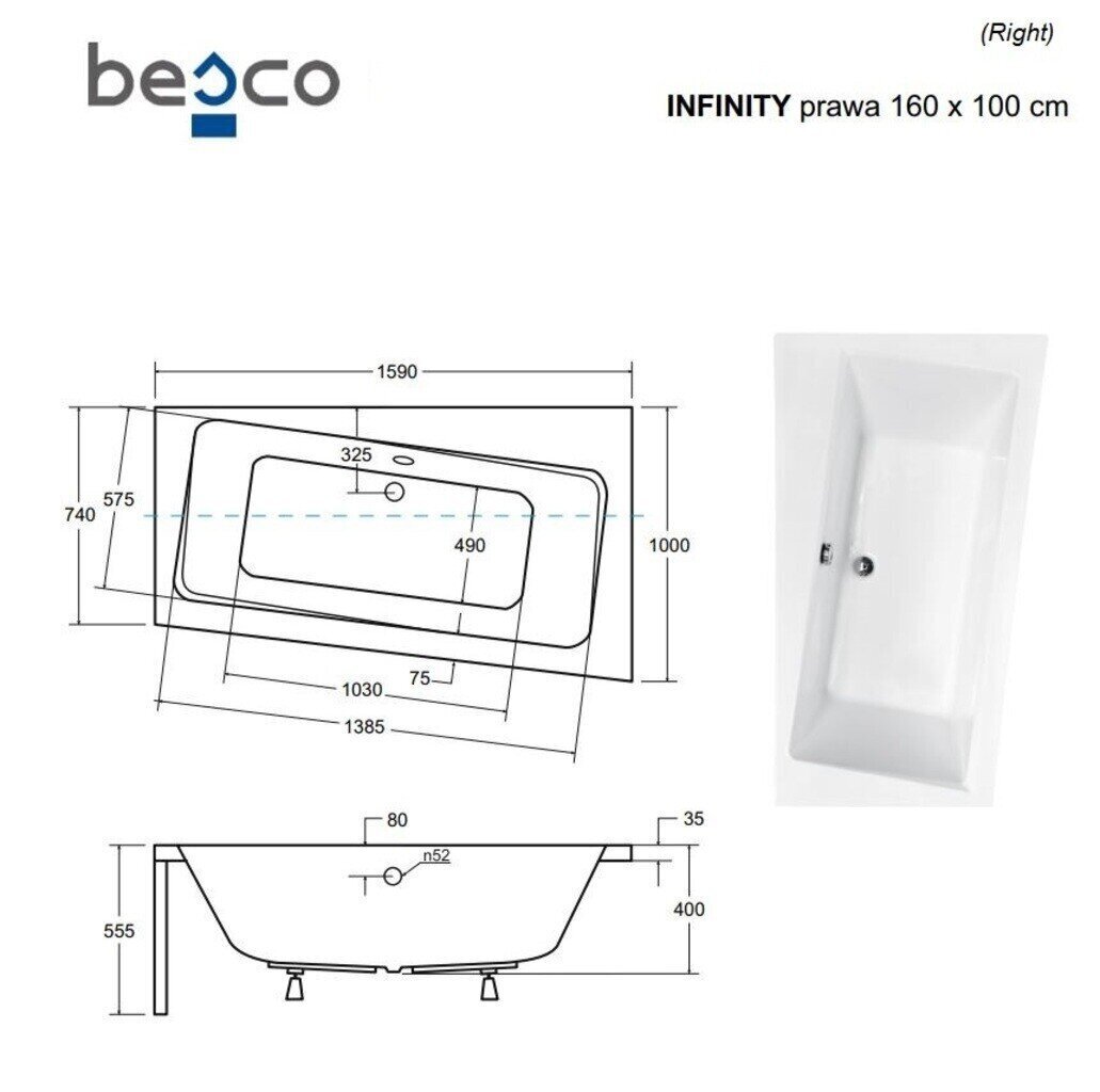 Vann Besco Infinity koos viimistlusega, 160 x 100 cm, parempoolne hind ja info | Vannid | hansapost.ee