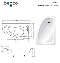 Ванна Besco Cornea, 140x80 см, правосторонняя цена и информация | Ванны | hansapost.ee