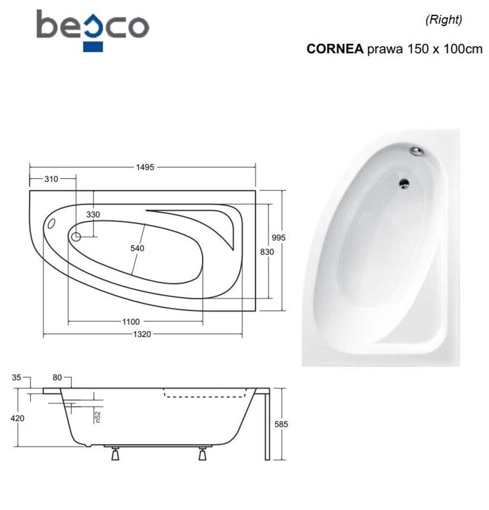 Vann Besco Cornea Comfort, 150x100 cm, parempoolne цена и информация | Vannid | hansapost.ee