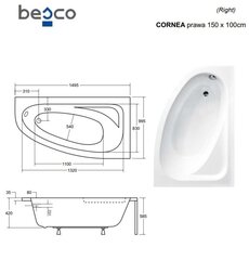 Vann Besco Cornea Comfort koos viimistlusega, 150x100 cm, parempoolne hind ja info | Vannid | hansapost.ee