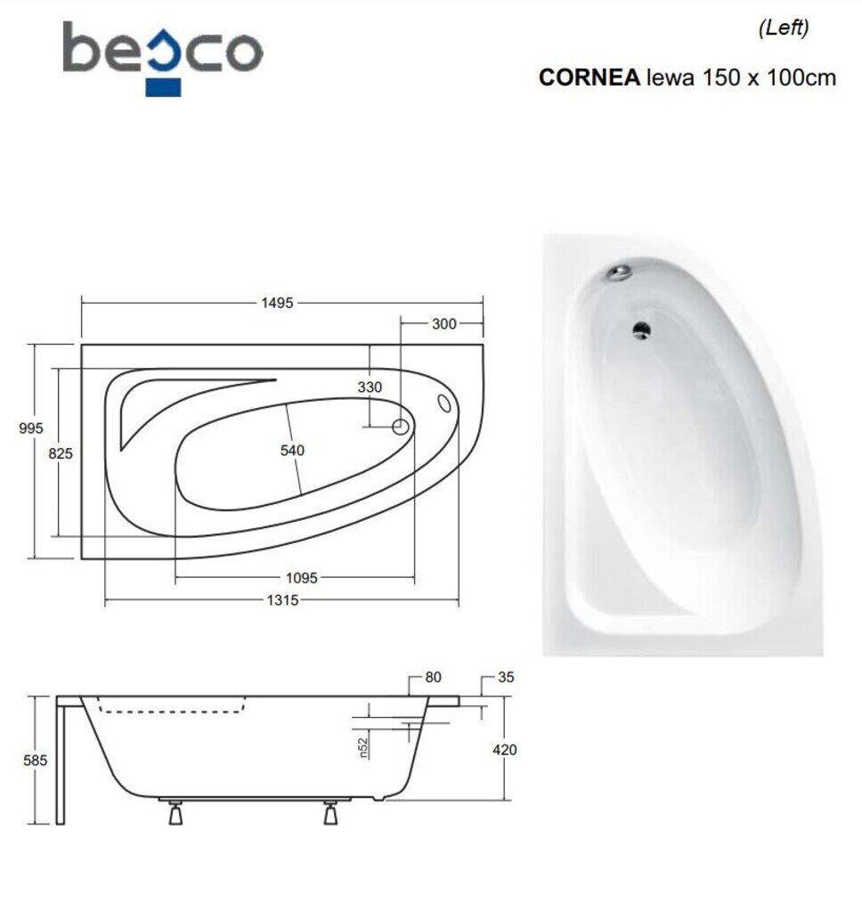 Vann Besco Cornea Comfort koos viimistlusega, 150x100 cm, vasakpoolne hind ja info | Vannid | hansapost.ee