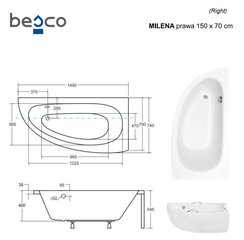 Ванна Besco Milena Premium с ручками и подушкой, 150x70 см, правосторонняя цена и информация | Ванночки | hansapost.ee