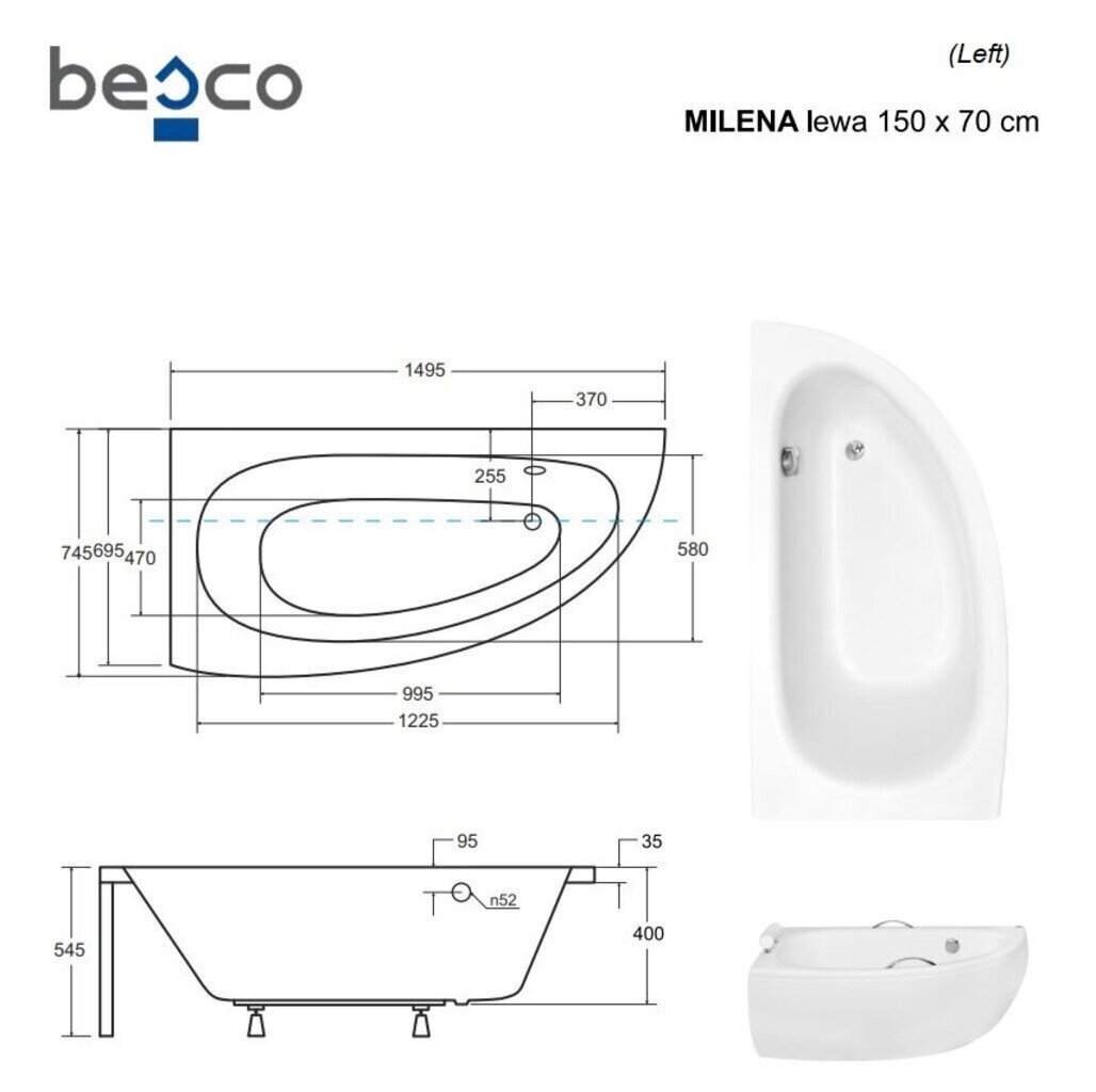 Vann Besco Milena Premium koos käepidemetega, padjaga ja viimistlusega, 150x70 cm, vasakpoolne hind ja info | Vannid | hansapost.ee