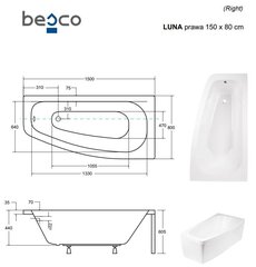 Vann Besco Luna, 150x80 cm, parempoolne hind ja info | Vannid | hansapost.ee