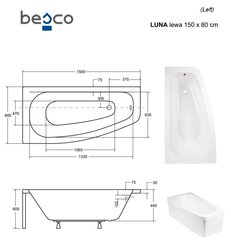 Vann Besco Luna koos viimistlusega, 150x80 cm, vasakpoolne hind ja info | Vannid | hansapost.ee