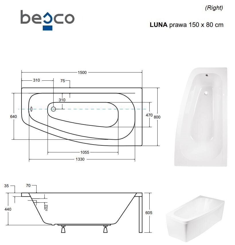 Vann Besco Luna koos viimistlusega, 150x80 cm, parempoolne hind ja info | Vannid | hansapost.ee