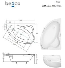 Ванна Besco Ada, 140x90 см, правосторонняя цена и информация | Ванны | hansapost.ee