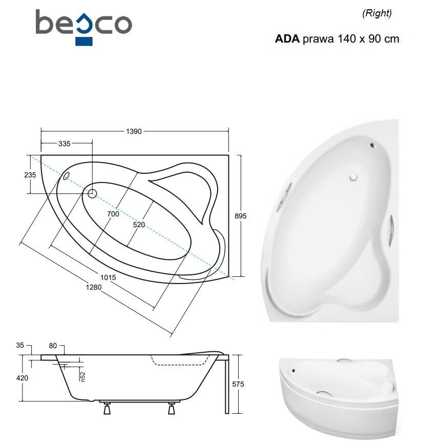 Vann Besco Ada, 140x90 cm, parempoolne цена и информация | Vannid | hansapost.ee