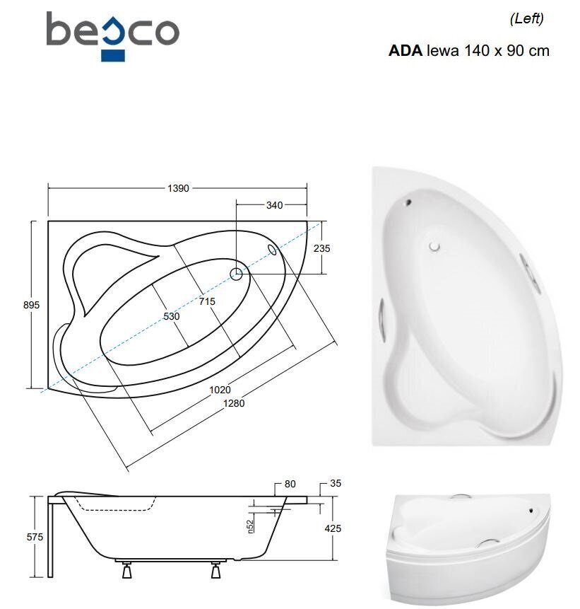 Vann Besco Ada koos viimistlusega, 140x90 cm, vasakpoolne цена и информация | Vannid | hansapost.ee