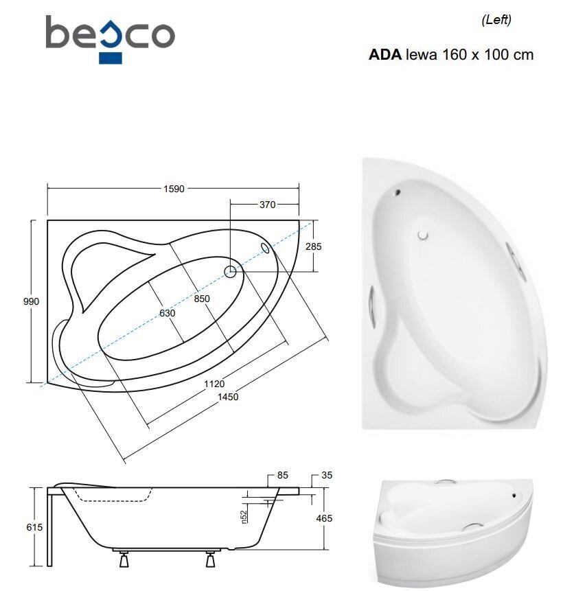 Vann Besco Ada koos viimistlusega, 160x100 cm, vasakpoolne hind ja info | Vannid | hansapost.ee