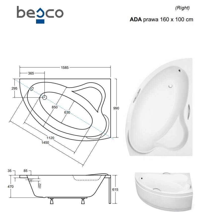 Vann Besco Ada koos viimistlusega, 160x100 cm, parempoolne цена и информация | Vannid | hansapost.ee