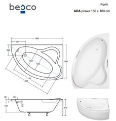 Ванна Besco Ada с отделкой, 160x100 см, правосторонняя цена и информация | Ванны | hansapost.ee