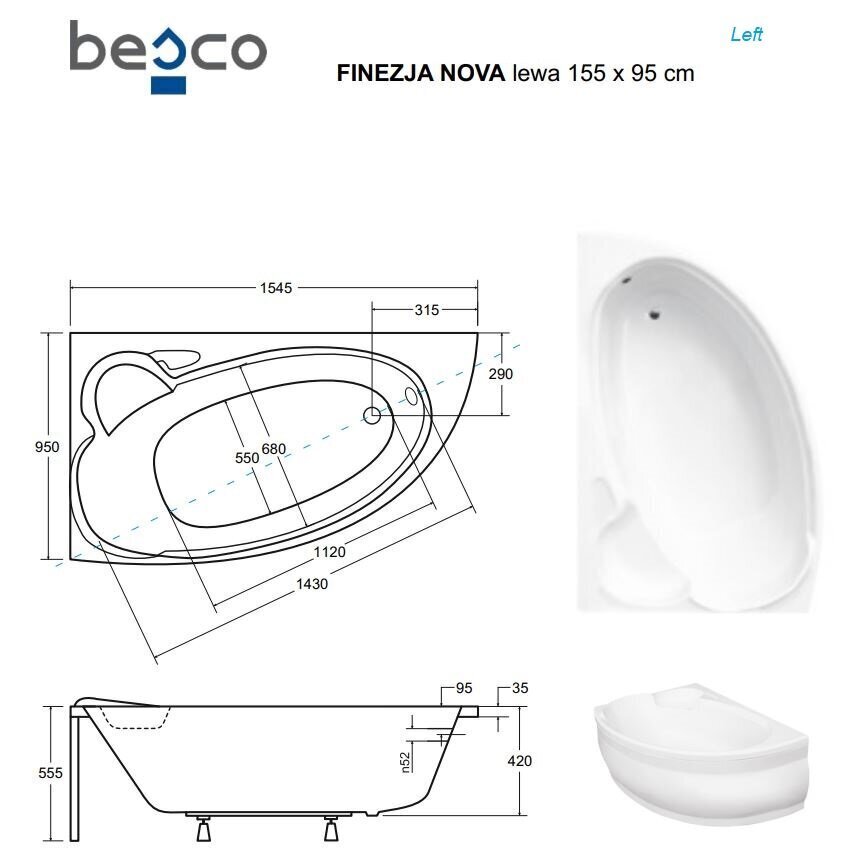 Vann Besco Finezja Nova koos viimistlusega, 155x95 cm, vasakpoolne цена и информация | Vannid | hansapost.ee