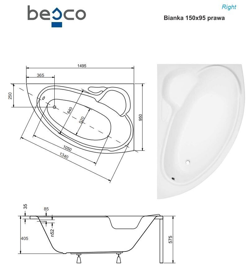 Vann Besco Bianka, 150x95 cm, parempoolne цена и информация | Vannid | hansapost.ee