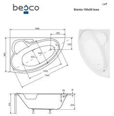 Ванна Besco Bianka с отделкой, 150x95 см, левосторонняя цена и информация | Ванны | hansapost.ee