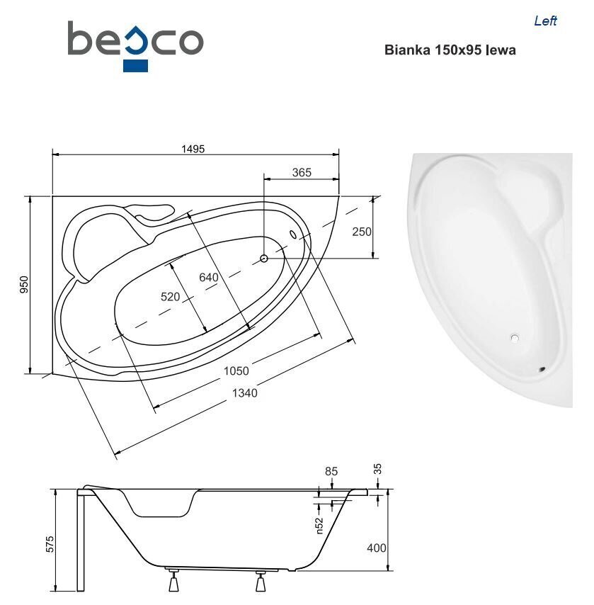 Vann Besco Bianka koos viimistlusega, 150x95 cm, vasakpoolne hind ja info | Vannid | hansapost.ee