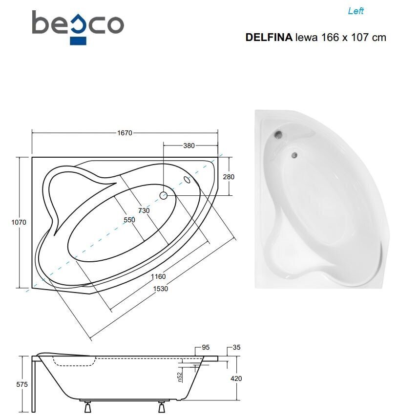 Vann Besco Delfina, 166x107 cm, vasakpoolne hind ja info | Vannid | hansapost.ee