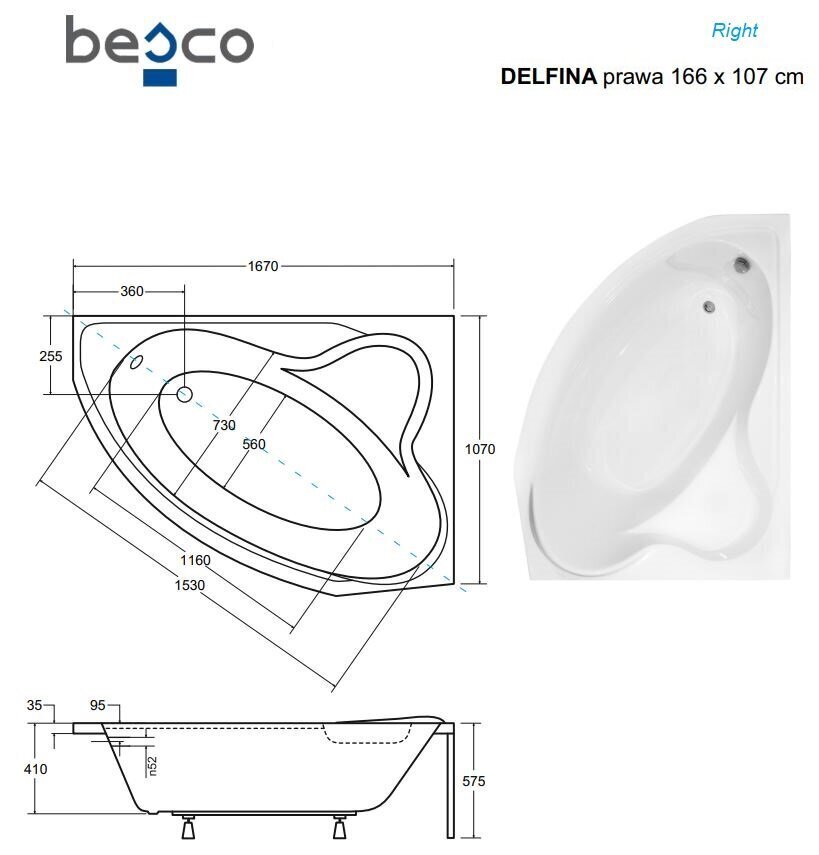 Vann Besco Delfina, 166x107 cm, parempoolne hind ja info | Vannid | hansapost.ee