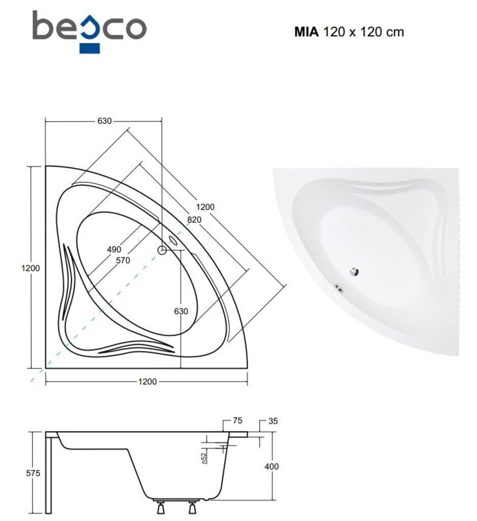 Vann Besco Mia, 120x120 cm цена и информация | Vannid | hansapost.ee