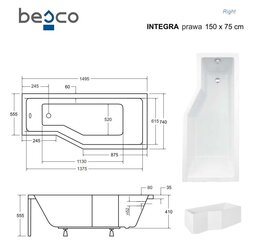 Vann Besco Integra, 150x75 cm, parempoolne hind ja info | Vannid | hansapost.ee