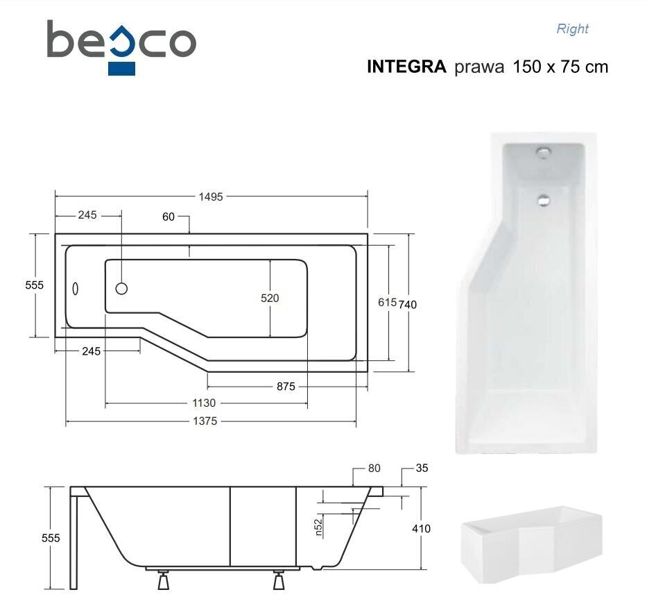 Vann Besco Integra, 150x75 cm, parempoolne цена и информация | Vannid | hansapost.ee