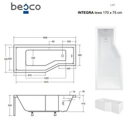 Ванна Besco Integra, 170x75 см, левосторонняя цена и информация | Ванны | hansapost.ee