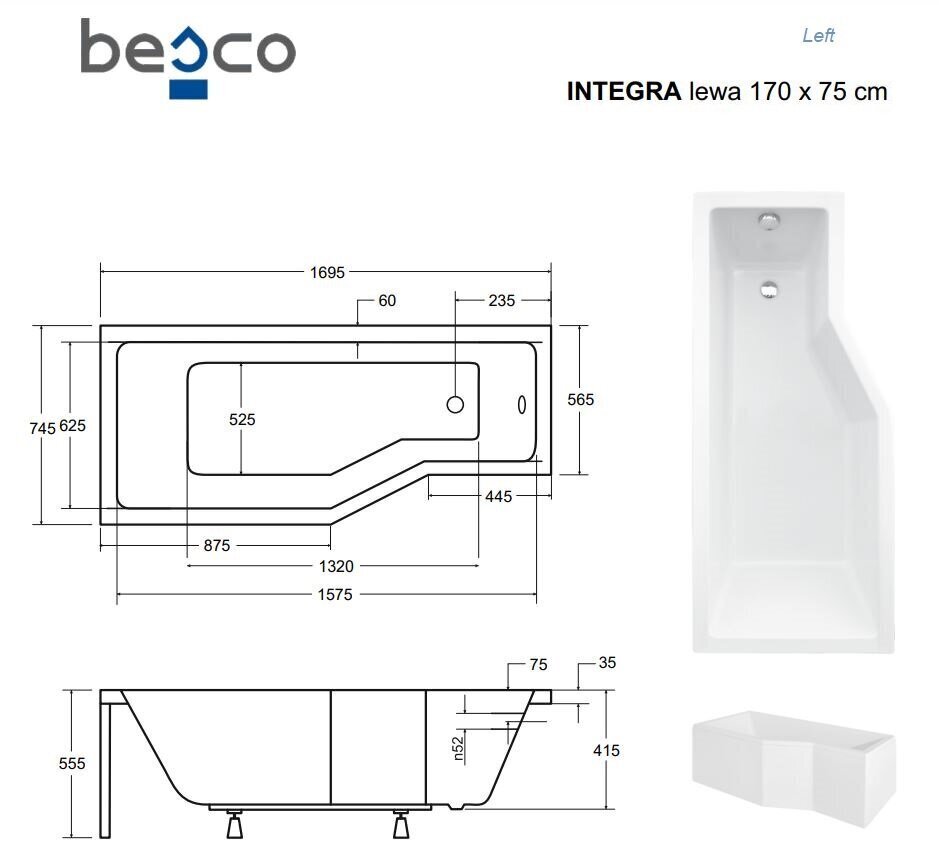 Vann Besco Integra, 170x75 cm, vasakpoolne hind ja info | Vannid | hansapost.ee