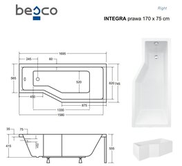 Ванна Besco Integra с отделкой, 170x75 см, правосторонняя цена и информация | Ванны | hansapost.ee