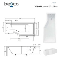 Vann Besco Integra koos viimistlusega, 150x75 cm, parempoolne price and information | Vannid | hansapost.ee