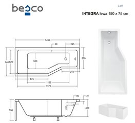 Vann Besco Integra koos klaasseinaga, 150x75 cm, vasakpoolne hind ja info | Vannid | hansapost.ee