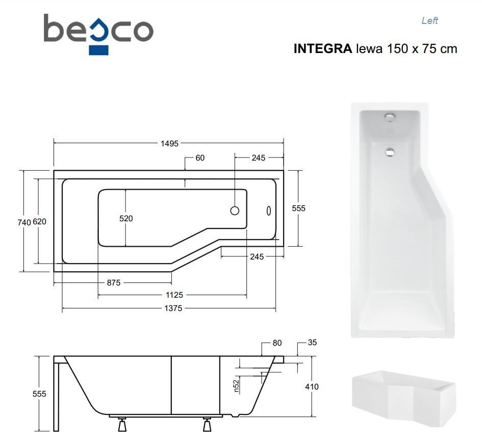 Vann Besco Integra koos klaasseinaga ja viimistlusega, 150x75 cm, vasakpoolne hind ja info | Vannid | hansapost.ee