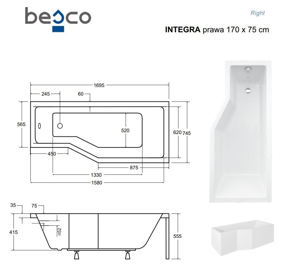 Vann Besco Integra koos klaasseinaga ja viimistlusega, 170x75 cm, parempoolne цена и информация | Vannid | hansapost.ee