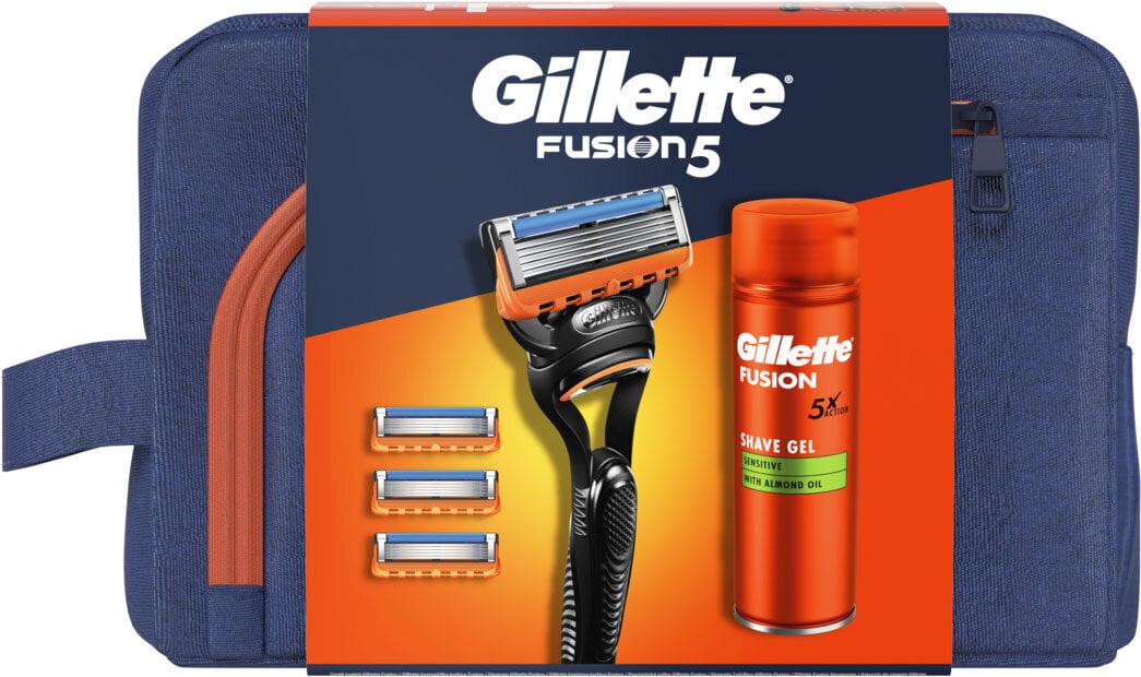 Gillette Kinkekomplekt Fusion5 Raseerija + 4 vahetustera + raseerimisgeel 200 ml + kott цена и информация | Raseerimisvahendid | hansapost.ee