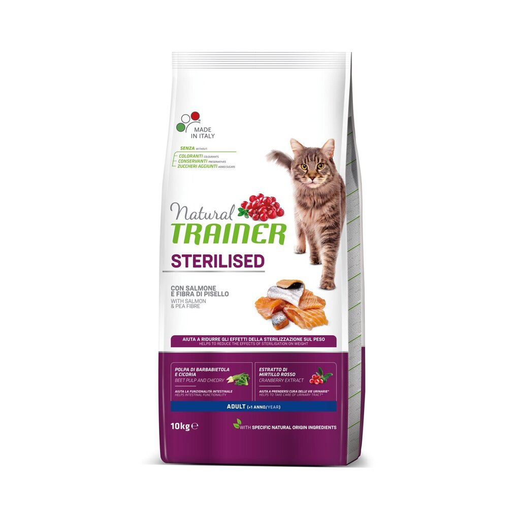 Natural trainer sterilised adult salmon&amp;pea 10 kg - kuivtoit steriliseeritud ja kastreeritud kassidele цена и информация | Kassi kuivtoit ja kassikrõbinad | hansapost.ee