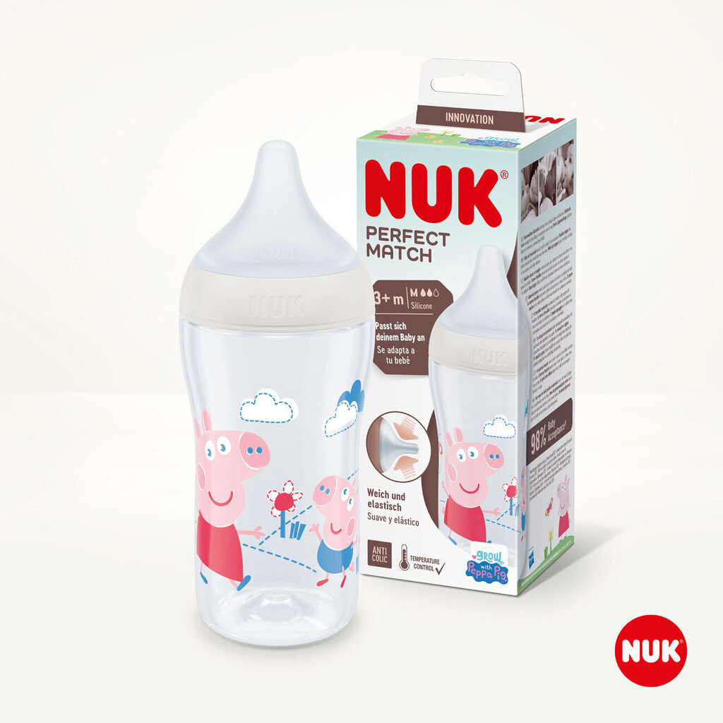 Pudel koos temperatuuriindikaatoriga Nuk Perfect Match Peppa Pig, valge, 3+ kuud, 260 ml цена и информация | Lutipudelid ja tarvikud | hansapost.ee