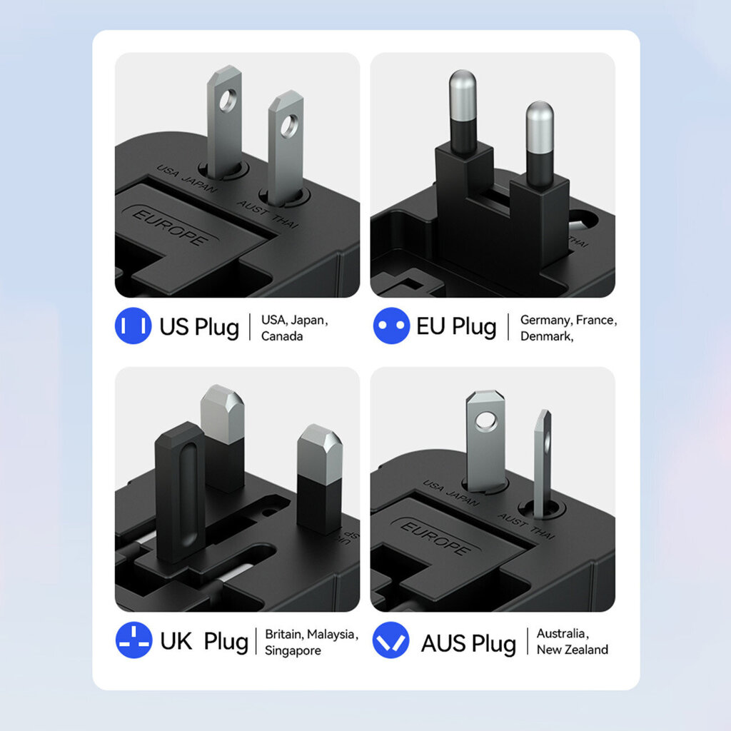 Wozinsky WUTWC reisiadapter universaalne EL / USA / AUS / UK / 2x USB-A, must hind ja info | Laadijad mobiiltelefonidele | hansapost.ee