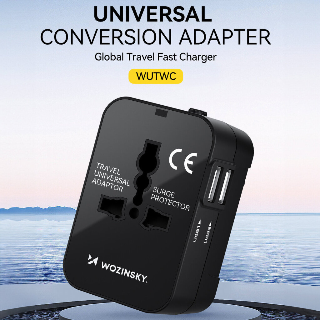 Wozinsky WUTWC reisiadapter universaalne EL / USA / AUS / UK / 2x USB-A, must цена и информация | Laadijad mobiiltelefonidele | hansapost.ee