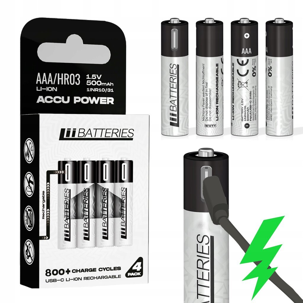 LiiBatteries võimas laetav liitiumioon aku Aaa Usb-C 4tk. 500mAh 1.5V hind ja info | Patareid | hansapost.ee