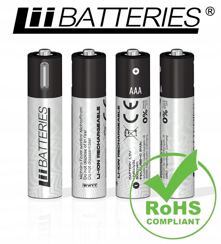 LiiBatteries võimas laetav liitiumioon aku Aaa Usb-C 4tk. 500mAh 1.5V hind ja info | Patareid | hansapost.ee